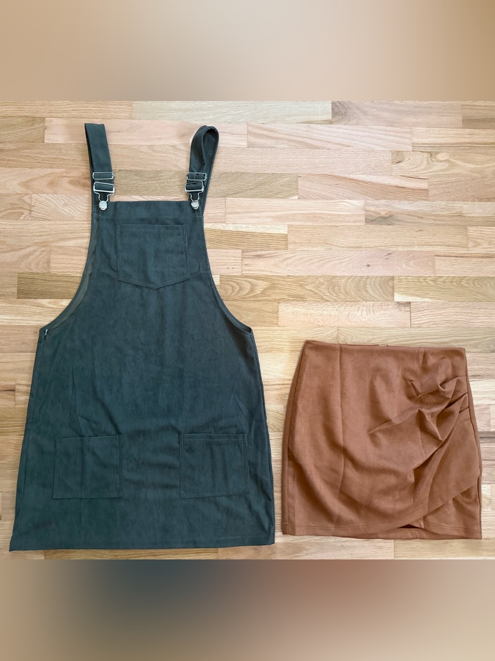 Bundle of 2 SHEIN Women’s Corduroy Overall Dress & Brown Skirt - Size Medium